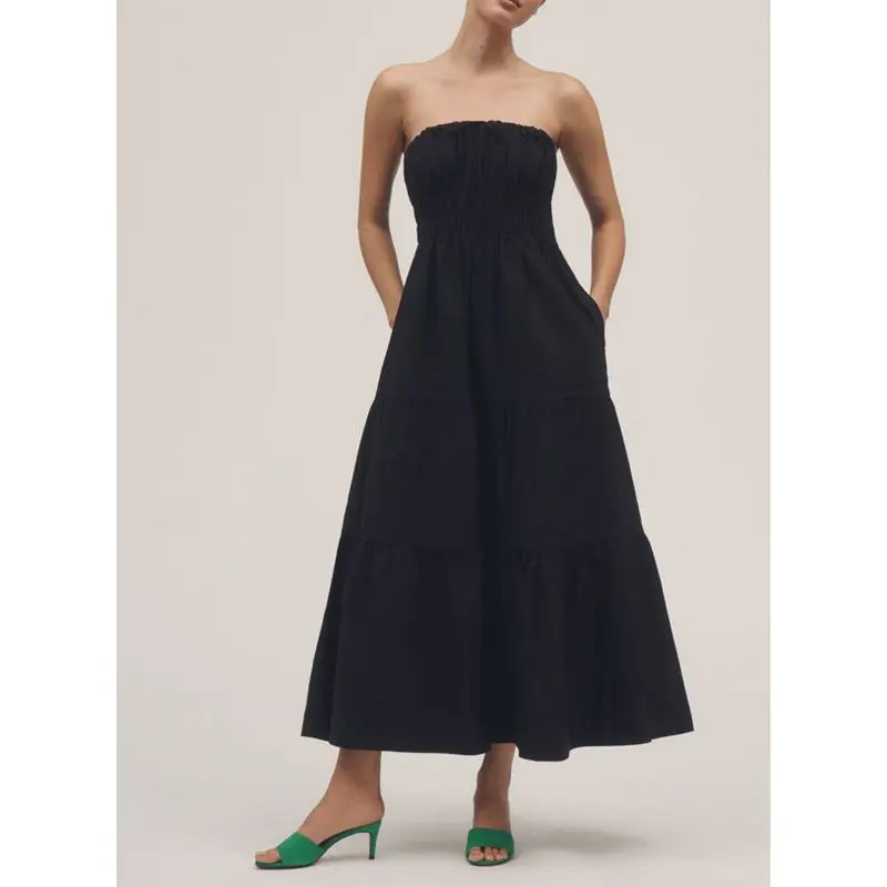 Combhasaki Vestido largo sin tirantes con estampado de puntos/color sólido con cordón frontal ahumado sin espalda y corte en A fluido con bolsillos