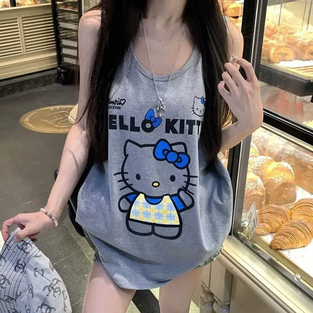 

Жилет с героями мультфильмов, футболка «Hello Kitty», женские милые Sanrio аниме, летние топы без рукавов в стиле ретро, свободные топы для отдыха с героями мультфильмов для девочек