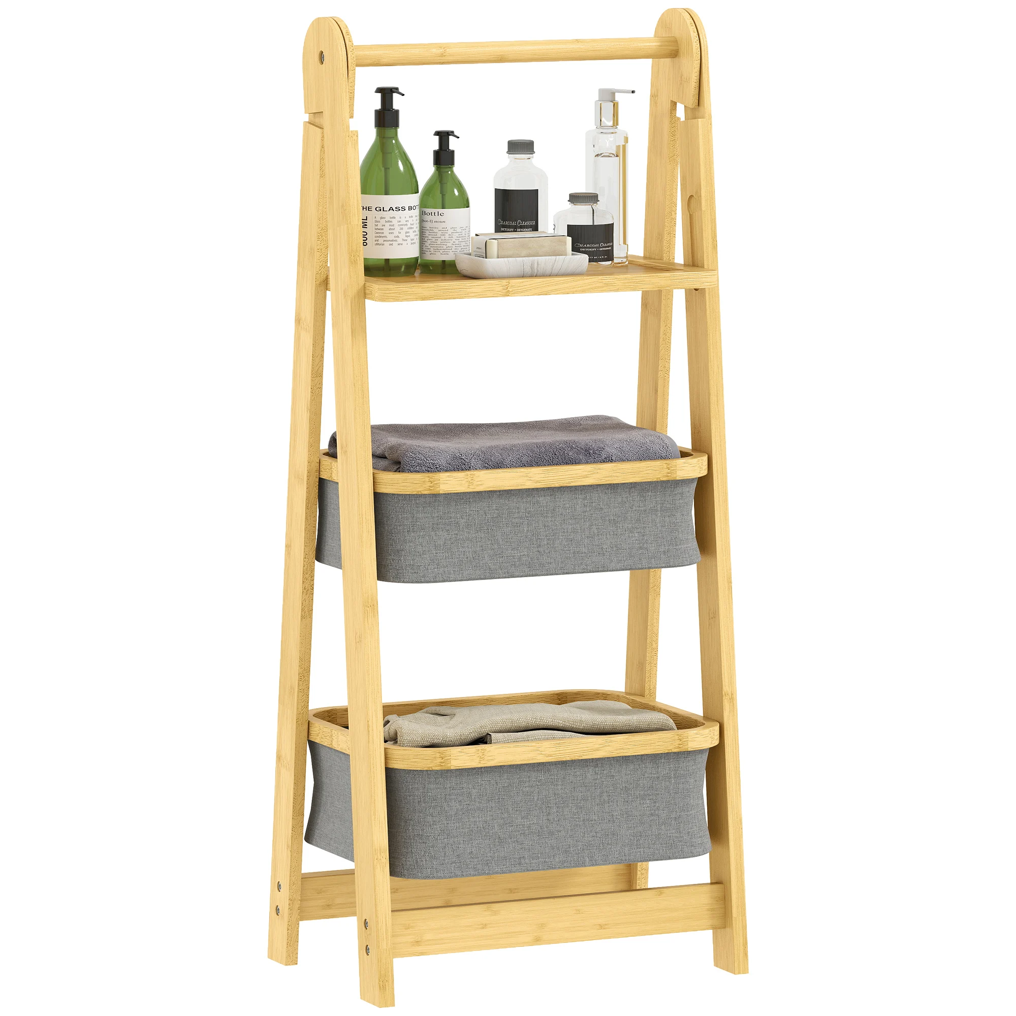 Mensola da bagno pieghevole in bambù con 2 cestelli per vestiti sporchi, mensola aperta grigia