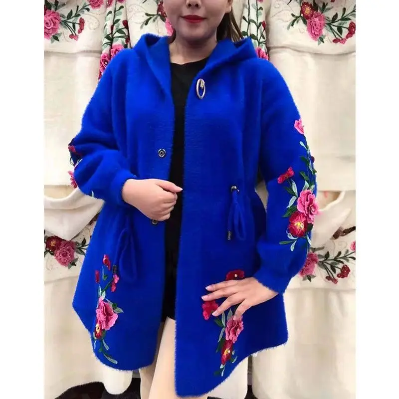 Double-sided Imitation Mink Fur Mother  Coat Autumn and Winter Thickened Hooded Medium Length Women\'s Cardigan  B259