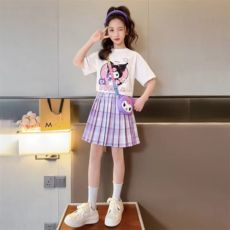 

Sanrio Hello Kitty Short Sleeve Skirt Suit Kuromi Children T-Shirt Pleated Skirt Girl JK Uniform Dress Coin Purse