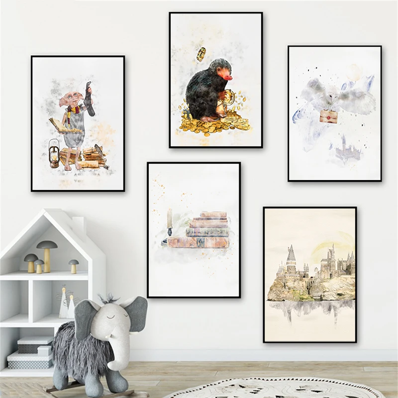 Impresiones artísticas de varita mágica de fantasía, carteles de películas de Harry Potter, tienda de magos de acuarela, pintura en lienzo, imágenes para guardería, decoración para habitación de niños