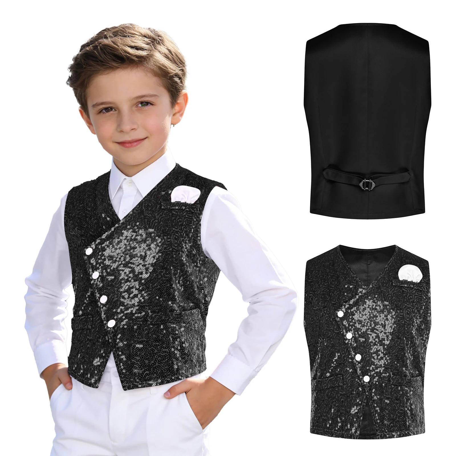 Kids Boys Shiny Sequin Formal Wedding Vest Slant Button-down Sleeveless Tank Top Birthday Party Banquet Ball Choir Waistcoat