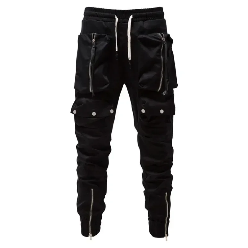 

New Cotton Casual Pants Mens Zipper Decorative Large Pocket Elastic Waist Leggings Trousers Men