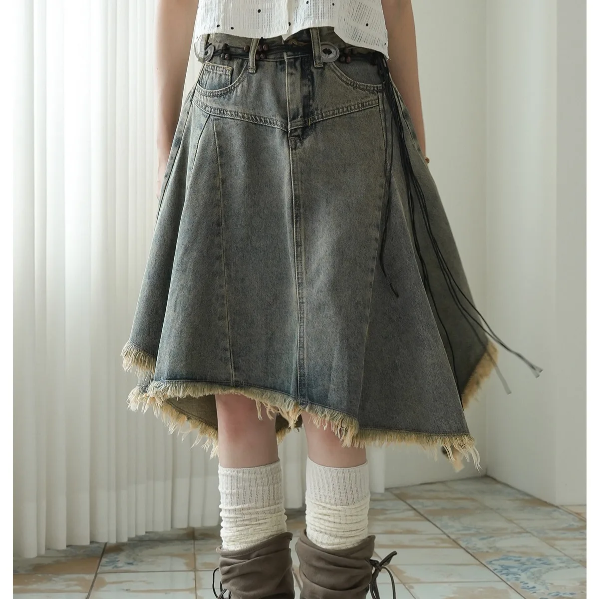 Retro Splicing Irregular Design Denim  Skirt with Frayed Hem A-Line Silhouette Casual mid Waist Cotton Blend Skirt