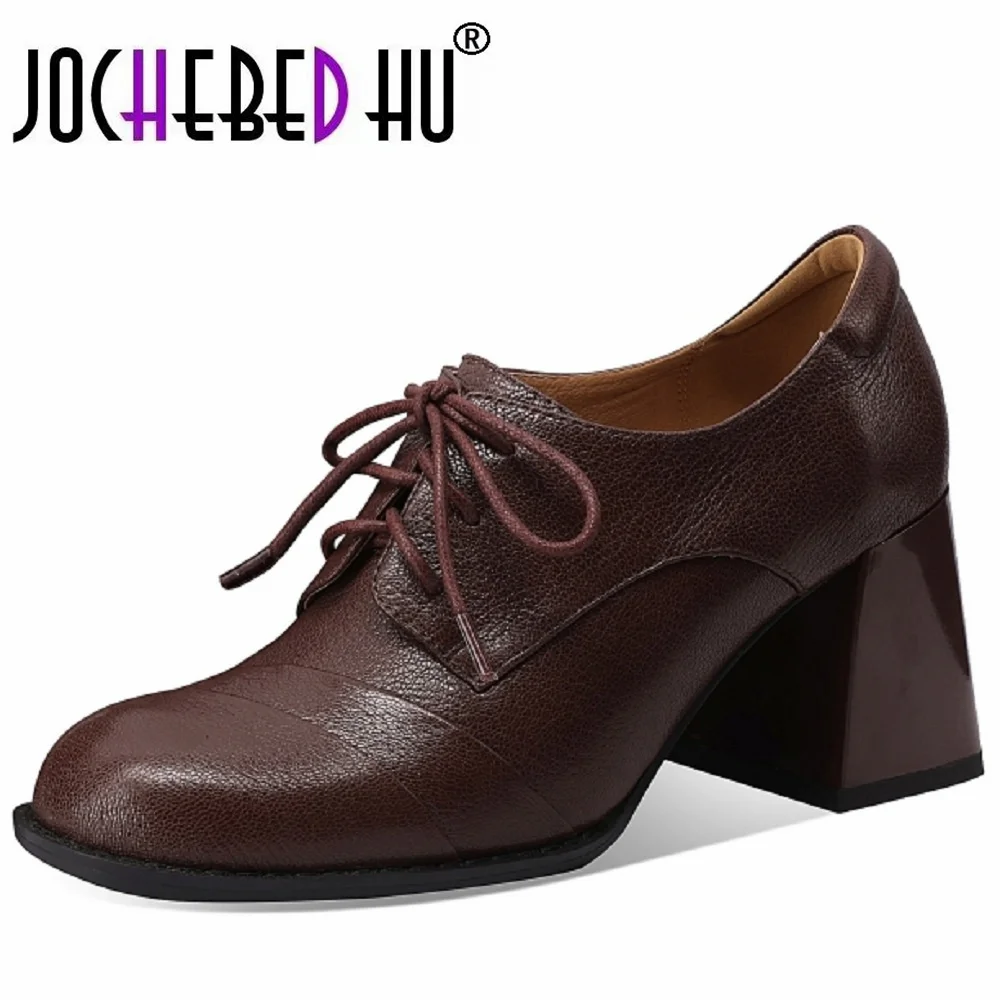 

【JOCHEBED HU】Женские оксфорды ручной работы из натуральной кожи на толстом высоком каблуке со шнуровкой, женские повседневные облегающие модельные туфли-лодочки 33-