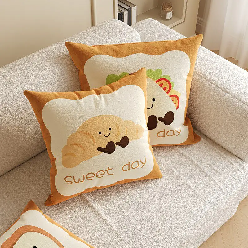 Cute Bread Cartoon Kids' Room Decor Pillowcase Waist Cushion Cover for Sofa Living Room Dormitory Soft Polyester Pillow Cover