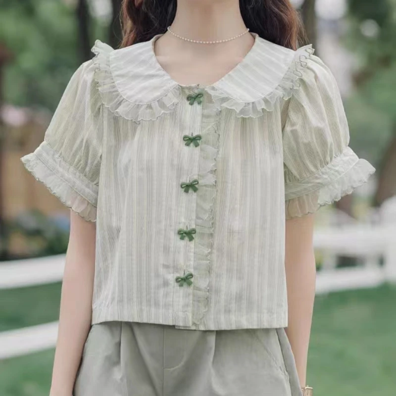 Kawaii Striped Women Blouses Sweet Lace Peter Pan Collar Chic Bow Button Green Tops Cute Puff Sleeve Y2k Aesthetic Lolita Shirts