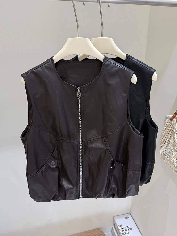 Cerniera dimagrante Faionable rotonda Ne Svel Gilet in pelle Canotta ampia da donna Capispalla Pendolarismo Sle Lunghezza regolare