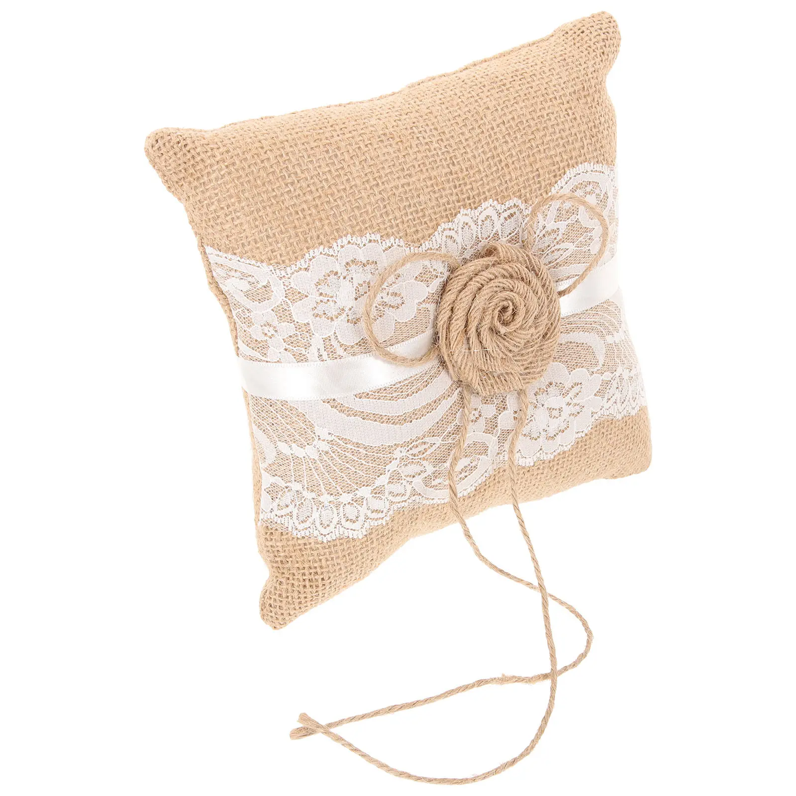 

Подушка-кольцо из джута премиум-класса с мягкой кружевной отделкой и регулируемой ленточной ручкой, идеально подходит для свадьбы, помолвки, в деревенском стиле