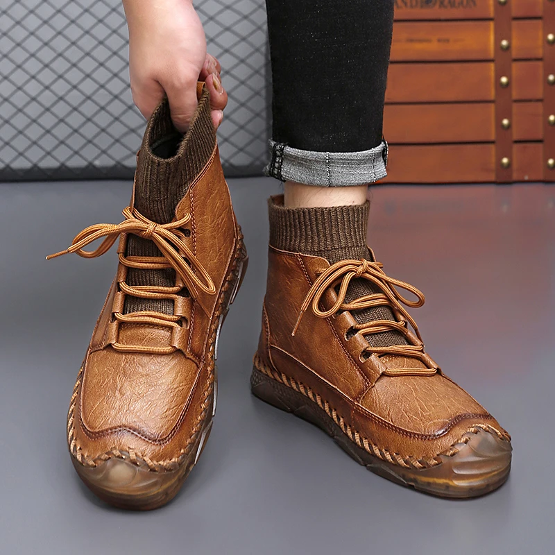 Men Casual Shoes PU Splicing Handmade Stitching Flat Bottom Trendy Men Shoe Sizes 38-47