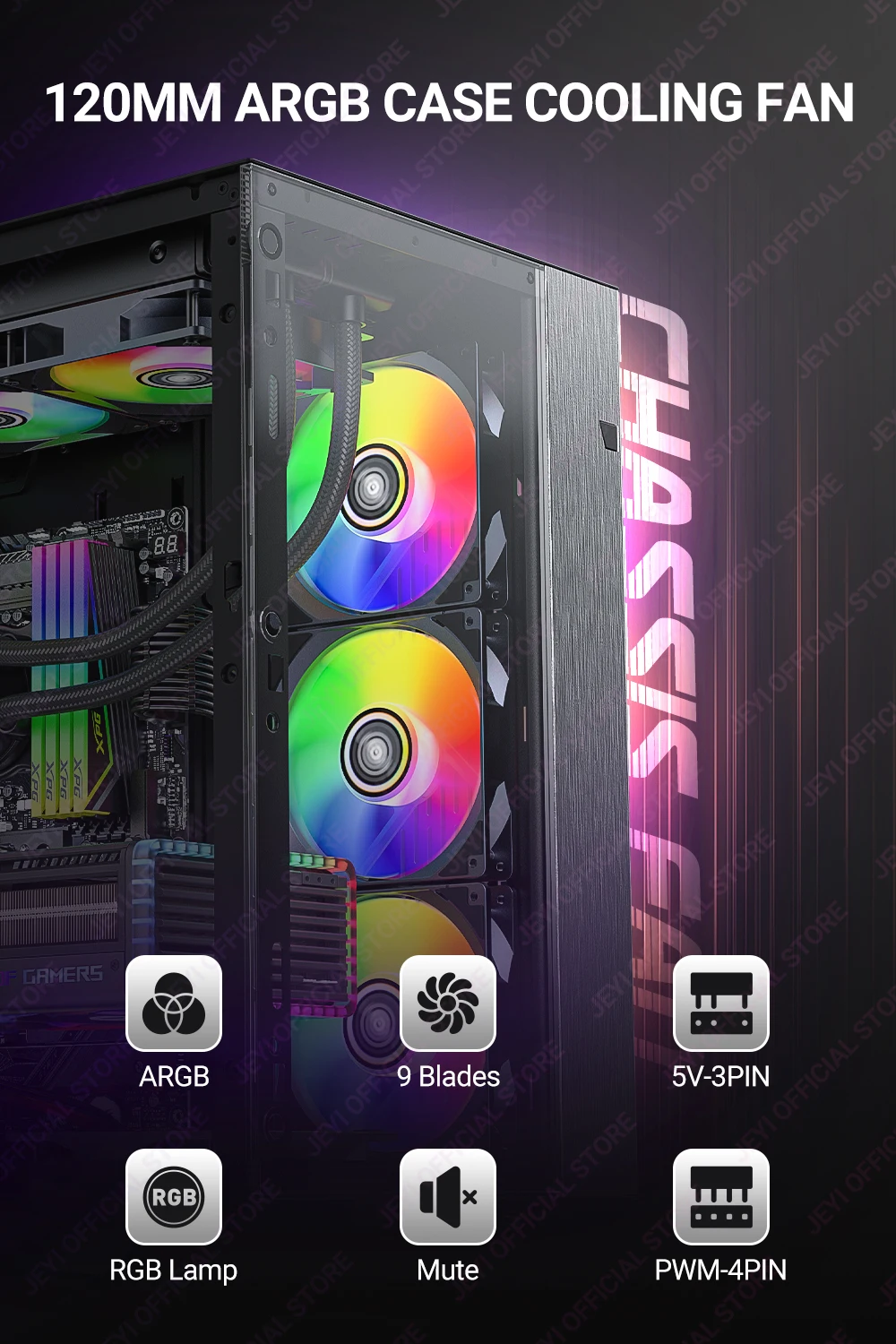 JEYI 120 mm PC-ARGB-Lüfter AURA SYNC RGB-Computerlüfter Ultra Silent Heatsink Ventilador mit 4PIN PWM und 5V 3PIN ARGB-Anschluss – Detail 1