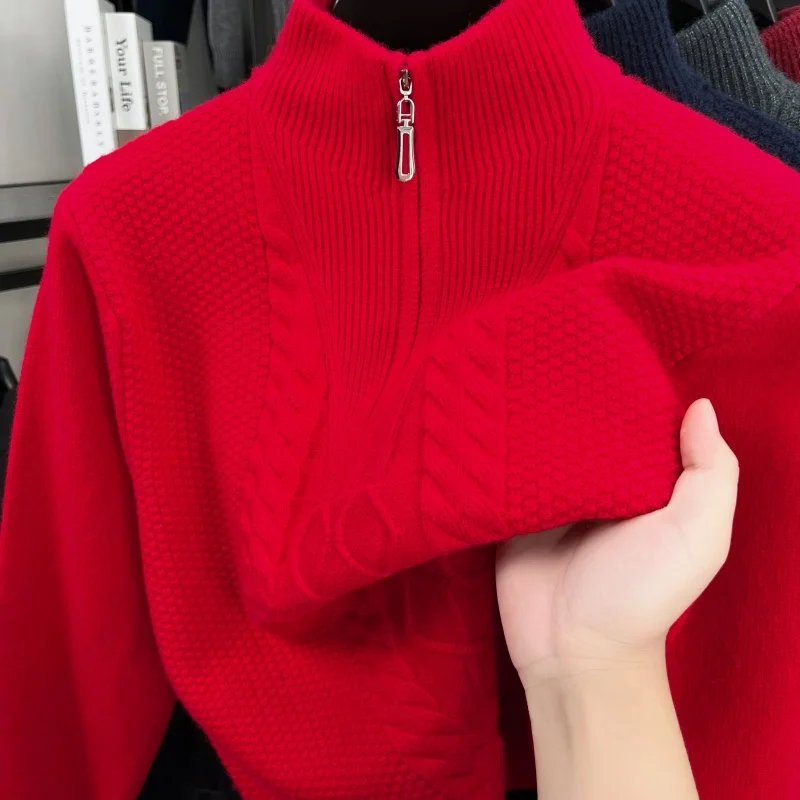 Luxury Man Long Sleeves Knitwear Mock Neck Thicken Zipper Winter New Warm Tops Non-deforming Leisure Quality Hot Men's Clothing