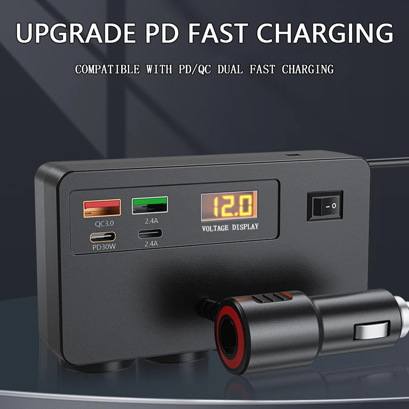 120W Multi-Functional Vehicle Charger USB/TYPE-C Fast Charging Four Conversion Interfaces, With Digital Voltage Display