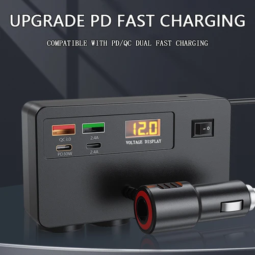 Imagen 2 del producto Cargador de vehículo multifuncional de 120W USB/TYPE-C carga rápida cuatro interfaces de conversión, con pantalla de voltaje Digital