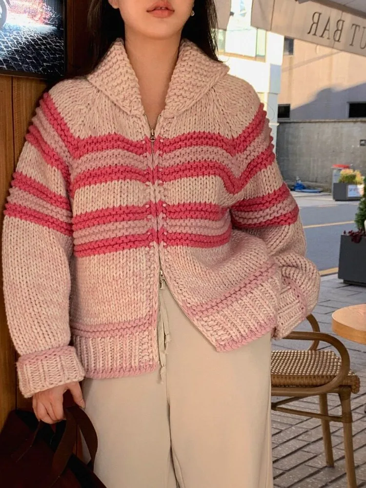 Loose Korean Style Gradient Color Sweater Jacket Women's Doll Collar Casual Outerwear Spring Autumn Winter Fashionable