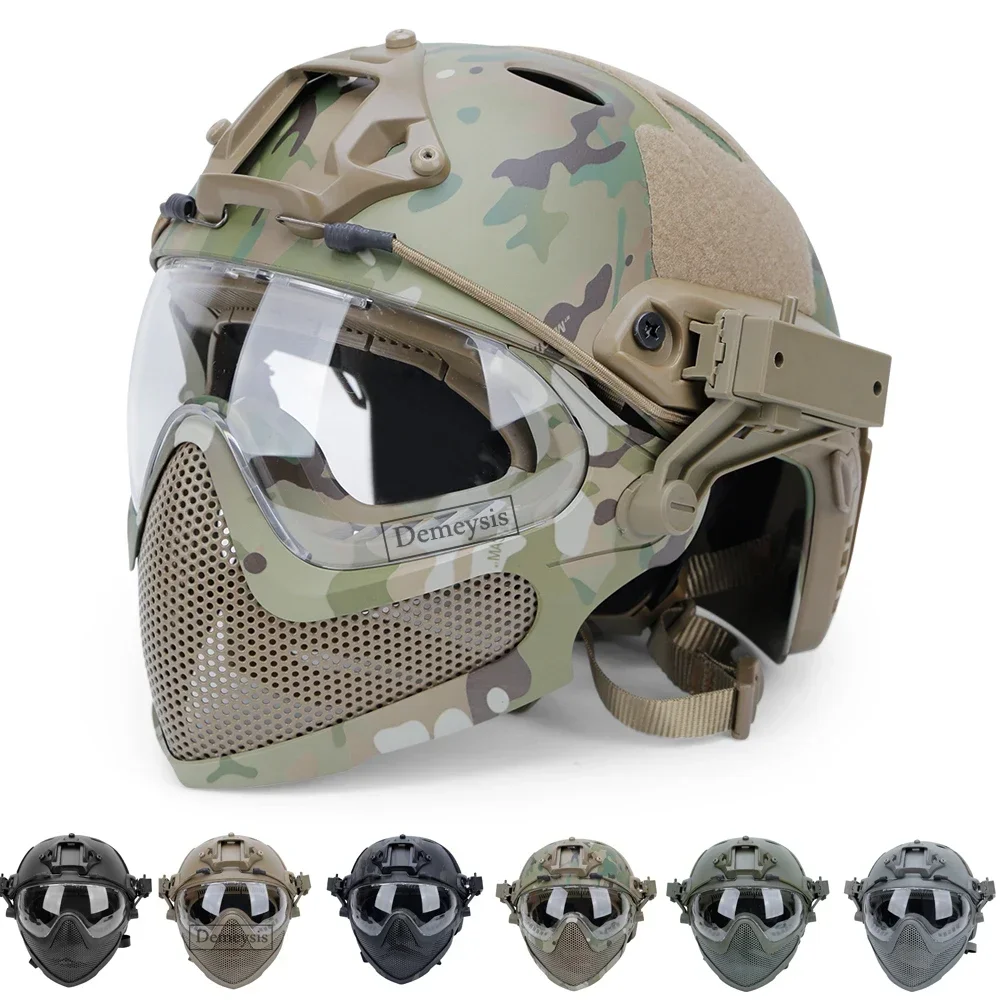 Tactical Helmet + Mask + Goggle Sets Outdoor Airsoft Paintball Helmet with Goggles FAST PJ Helmets CS Game Full Face Protection