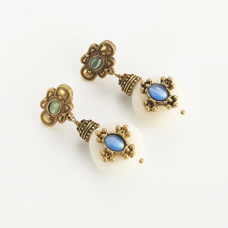 Retro Blauer Stein Antiker Schmuck Goldfarbe Bienen Transparentes Glas Wassertropfen Baumeln Ohrring Vintage für Damen Accessoires 2025