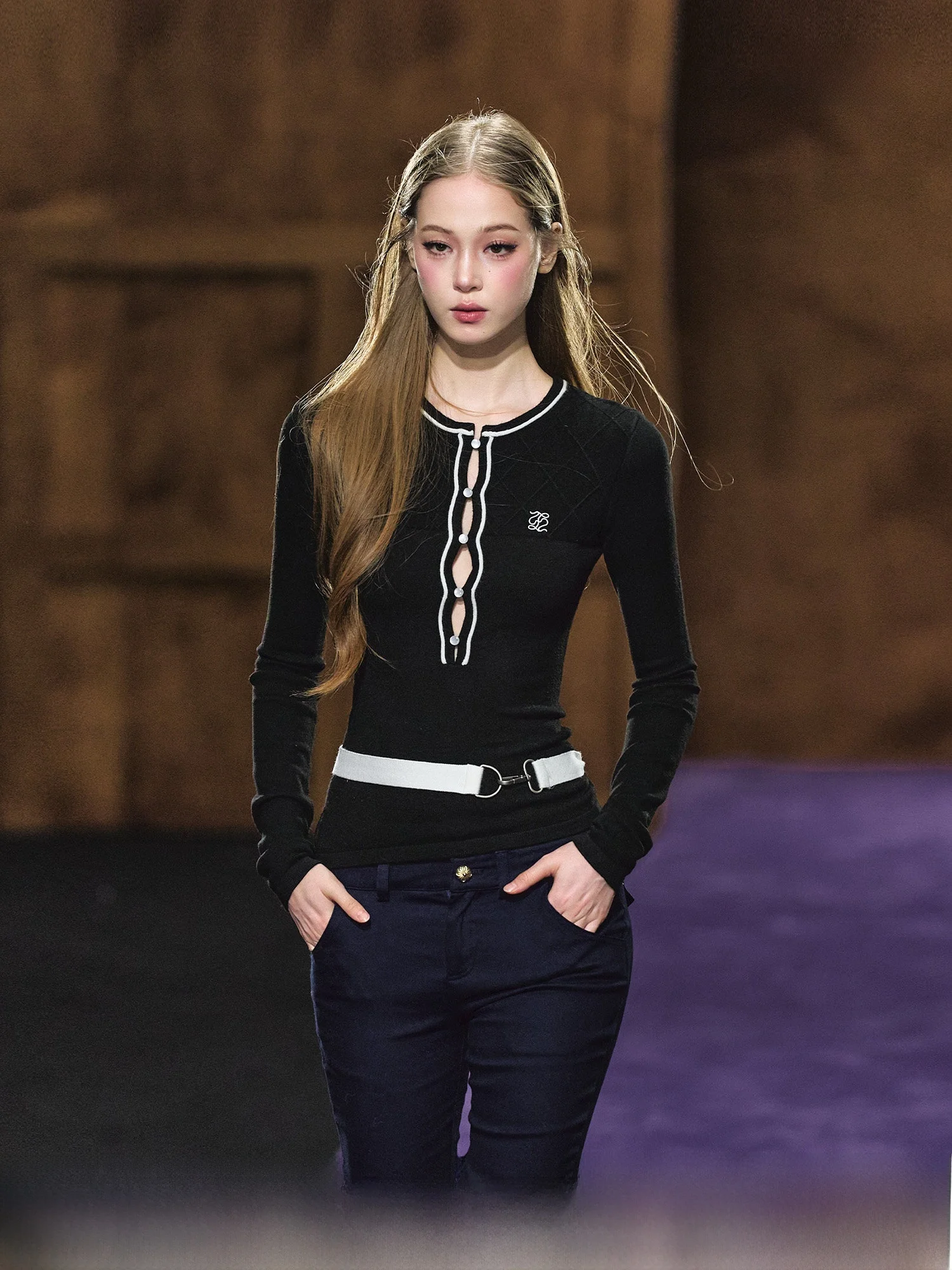 

AGAM Color Blo Вязаный топ с поясом, черный, с круглым вырезом, женская облегающая кофта с длинным рукавом, корейский базовый кардиган