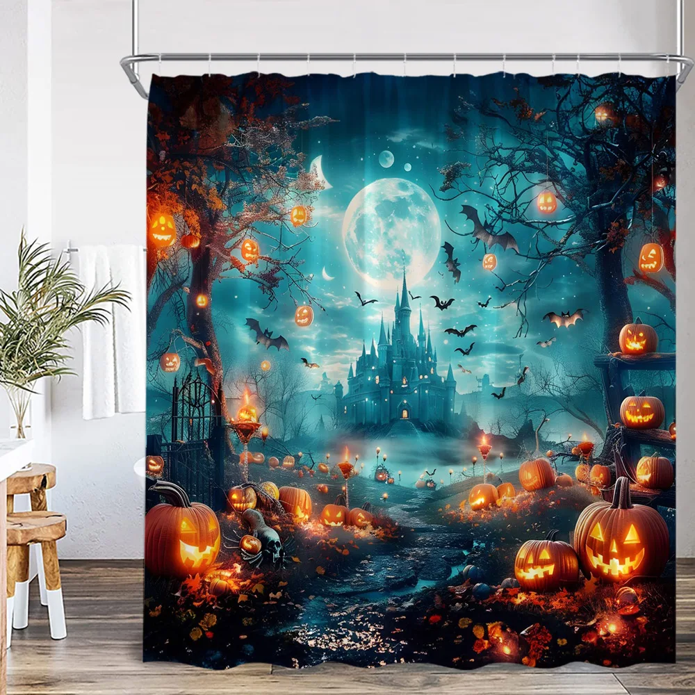 Funny Dog Cat Happy Halloween Shower Curtain Cute Wester Ghost Pumpkin Lantern Haunted House Scary Bathtub Curtain for Bathroom