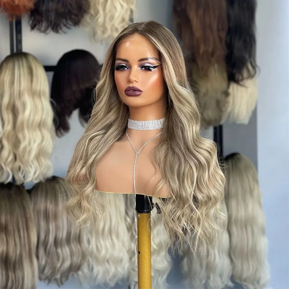 Long Wavy Wig Luxury Brown Blonde Synthetic Lace Front Wig with Roots NaturalHuman Hair Blend Wigs Realisitc Look Wig Girls Gift