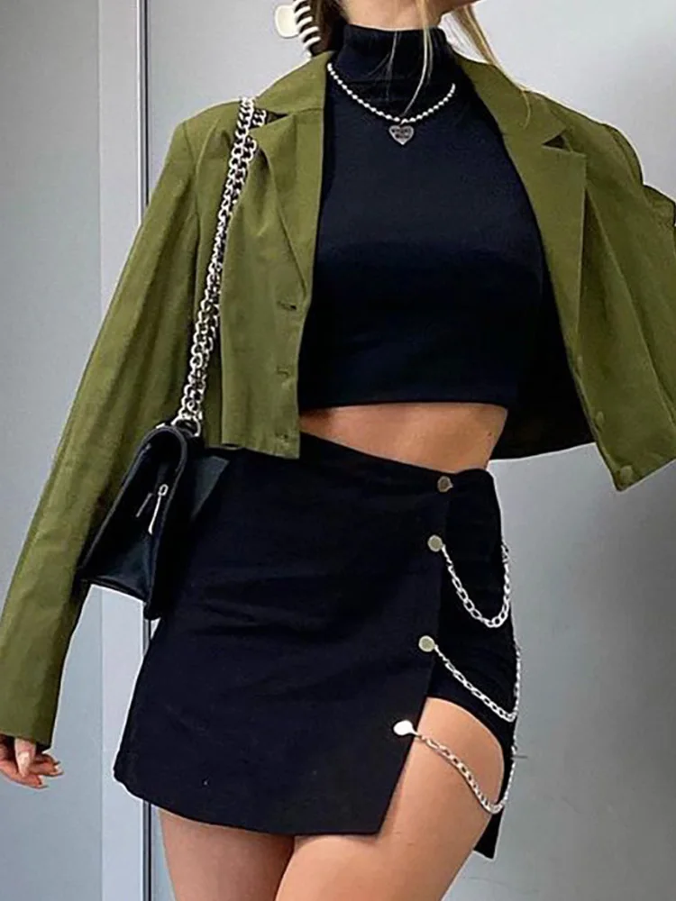 Soild Silm Lrregular Chain Sexy Mini Skirt For Women Clothes Black Falda Streetwear Asymmetrical Zipper High Waist Fashion Mujer