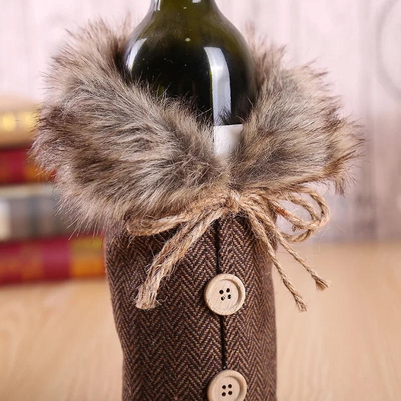 Christmas Decoration Creative Wine Bottle Cover Holiday Decoration Linen Cover with Fur Collar Red Wine Bottle Decoration Cover