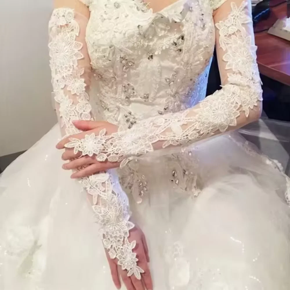 Guantes de boda de encaje de cristal para mujer, codo sin dedos, accesorio largo floral de marfil para novia