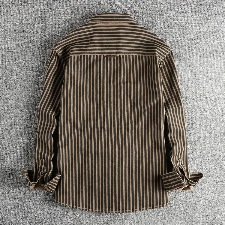 2026 Neue Amerikanische Retro Gestreifte Hemden für Herren Langarm Gewebte Baumwolle Gewaschene Arbeitsjacke Streetwear Lässige Oberteile – Detail 6