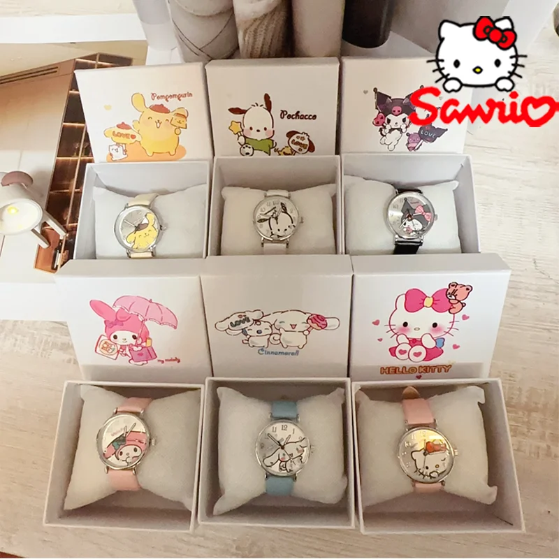 Sanrio Hello Kitty Kuromi Watch Cartoon Cute Kids Quartz Watches Students PU Leather Electronic Watch Children's Gifts with Box