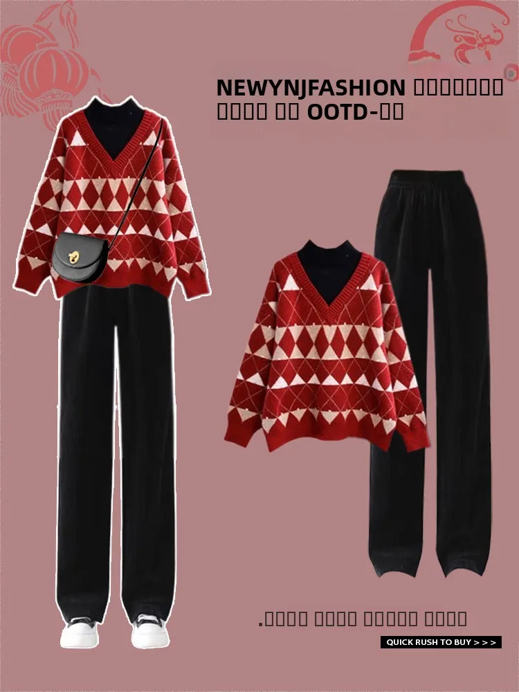 

Красный винтажный вязаный свитер с V-образным вырезом для женщин, осенняя новинка, корейский дизайн, повседневные прямые брюки, теплые термо-брюки с длинными рукавами