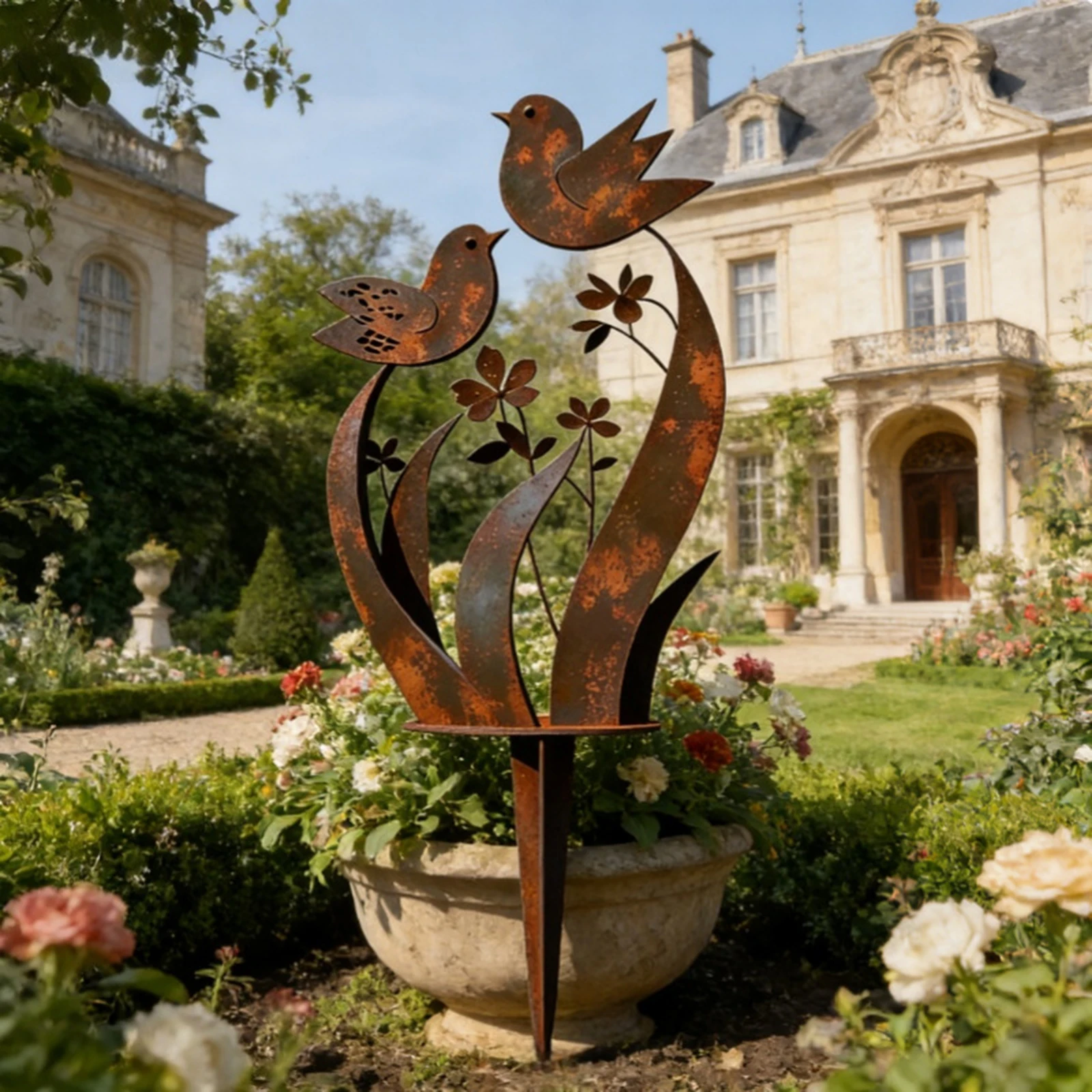 Piquets décoratifs en métal pour plantes d'extérieur avec motif oiseau et floral, décoration de parterre de fleurs, piquet stable pour jardinières, cadeau