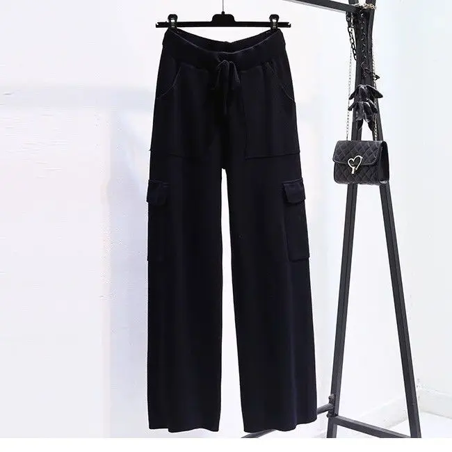 กางเกงไหมพรมผู้หญิงเอวสูงทรงขากระบอกตรงสไตล์เกาหลีสำหรับฤดูใบไม้ร่วงและฤดูหนาว ทรงเข้ารูปและหลวมสบาย