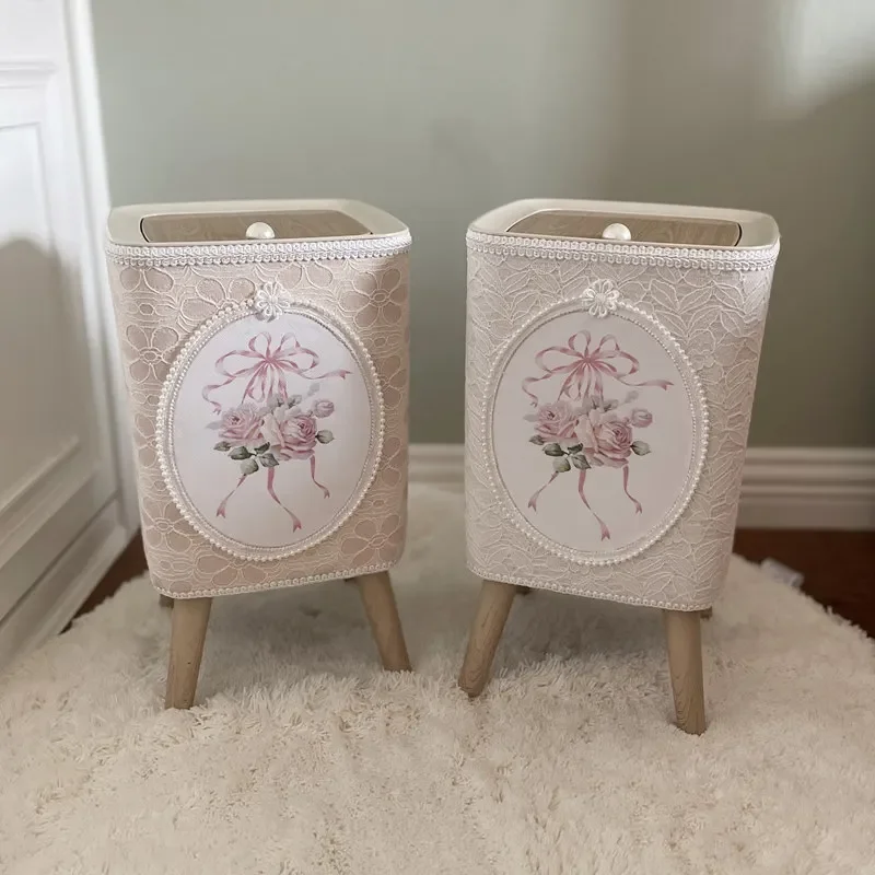 Korean high-grade lace square trash can press with lid storage bucket high foot floor waste paper basket sundries storage box
