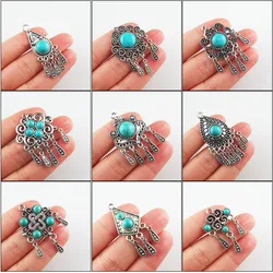 Fashion New Turquoise Stone Charms Flower Teardrop Crown Shield Tibetan Silver Plated Tassels Pendants Retro