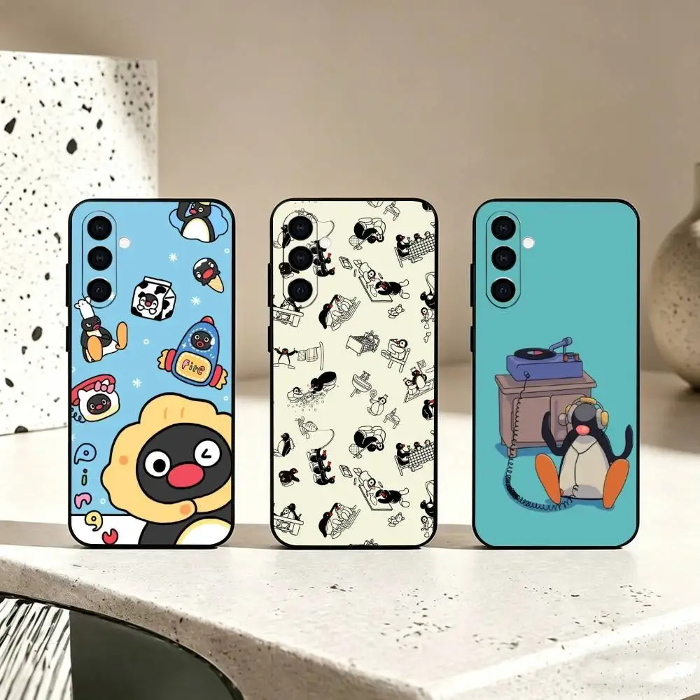 Cute PinguS Cartoon Phone Case Black Silicone Soft For Samsung Galaxy A73,A72,A71,A70,A53,A52,A51