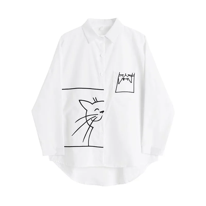 

Women Casual Shirts New 2023 Autumn Simple Style Vintage Cartoon Print Loose Female Long Sleeve Tops