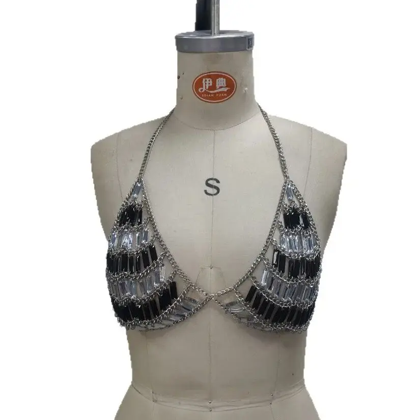 Black-And-White Color-Blocked Halter Neck Multi-Layer Hand-Embedded Gemstone Chain Corset Hot Girl Functional Style Necklace