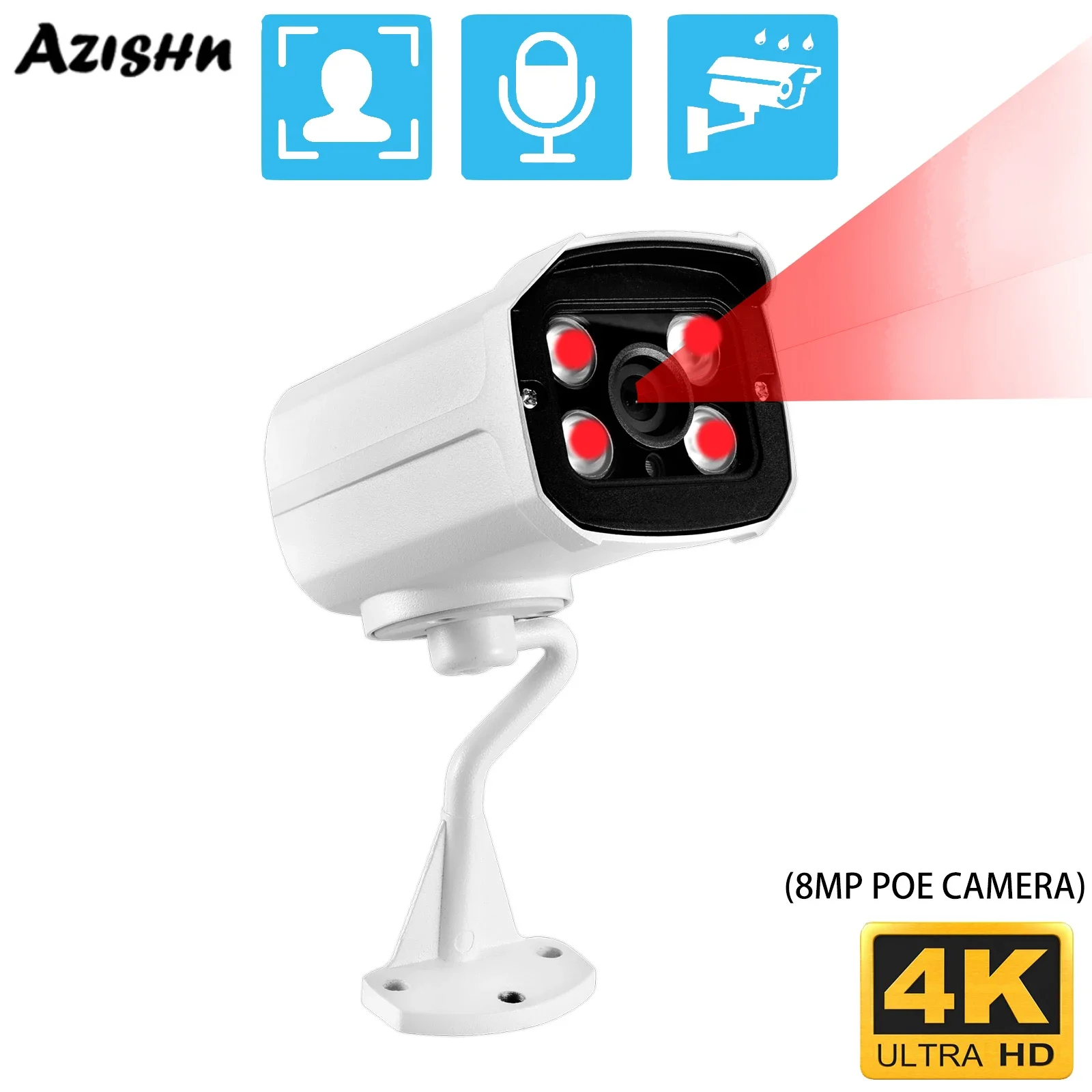 

AZISHNOutdoor распознавание лиц Ultra Clear 4K POE аудио пуля CCTV инфракрасное видеонаблюдение ночного видения