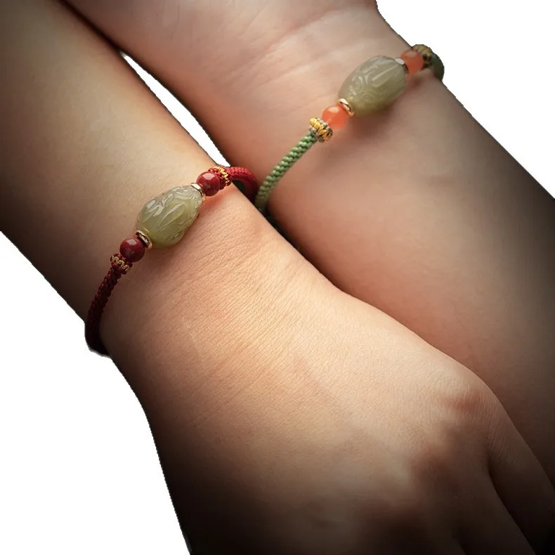 Natural Hetian Jade Pixiu Red String Bracelet Couples Nanhong Agate Lucky Fortune Perfect Festival Gift Jewelry