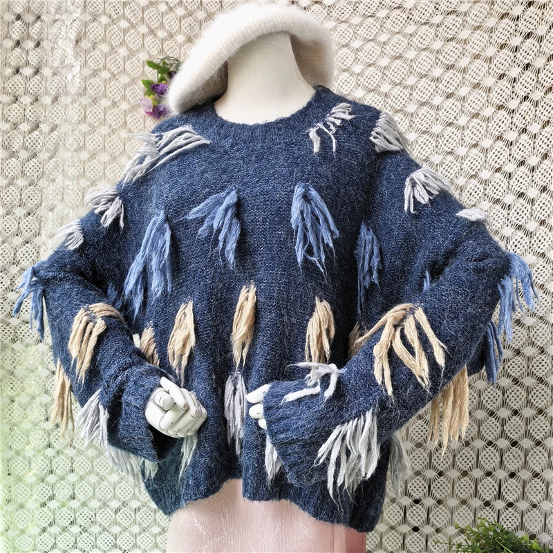 Ladies Women Colorful Tassel Mohair Sweater Crew Neck Loose Fluffy Knit Pullover Long Sleeve Casual Loose Fall Winter Jumper Top