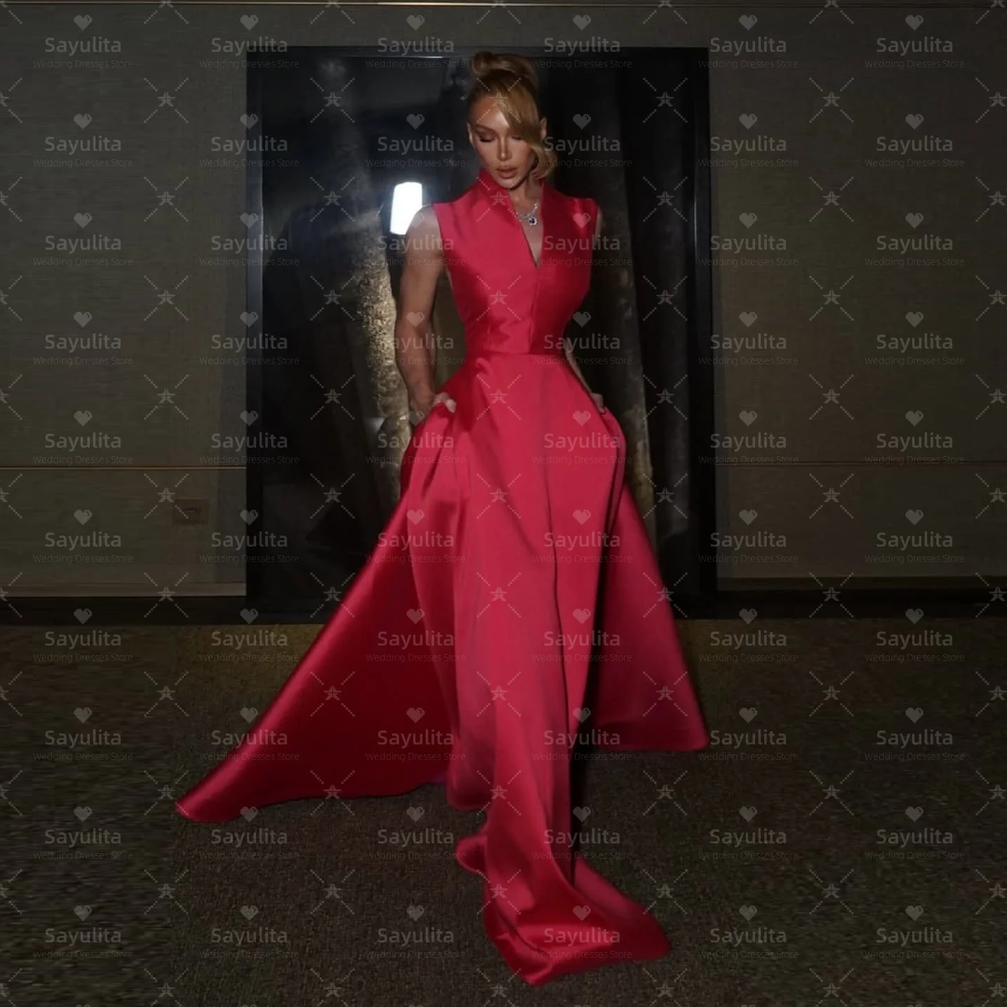 Sayulita فساتين السهرة الخامس الرقبة بلا أكمام فستان حفلة المشاهير مثير الظهر طويل الساتان فساتين السهرة حسب الطلب