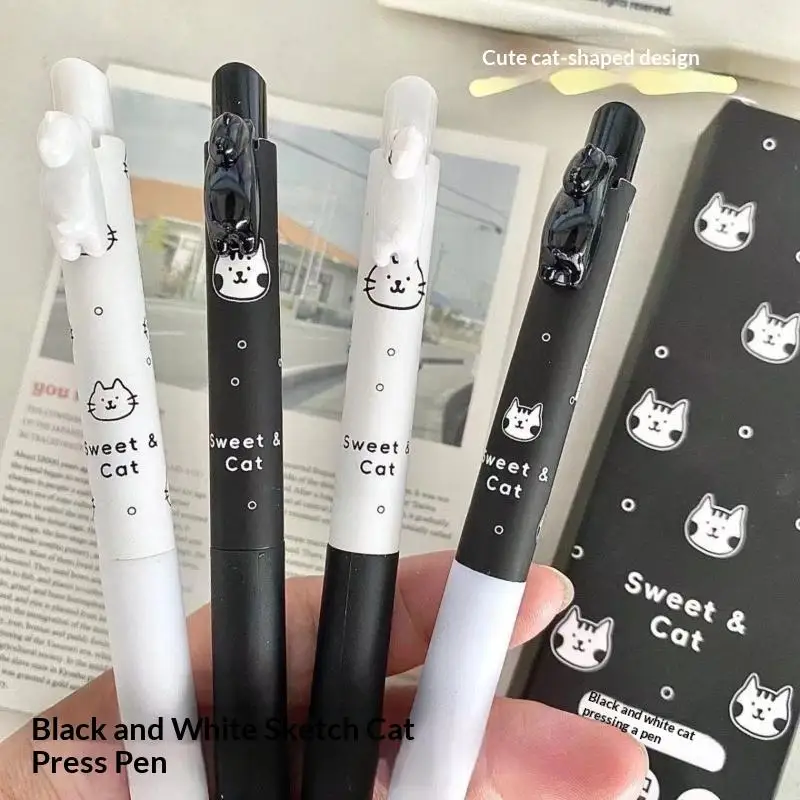 4Pcs/Box Kawaii 0.5mm Kitten Neutral Pen Super Smooth Quick Dry Gel Pen Black Ink Cartoon Ballpoint Pens Student Stationery