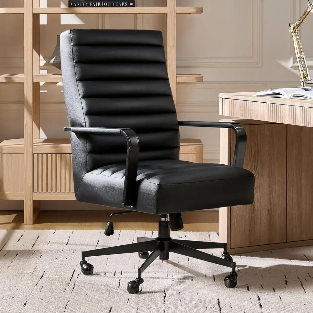 

Adjustable High-Back Leather Office Chair with Swivel, Padded Seat, Armrests, and Wheels, Black