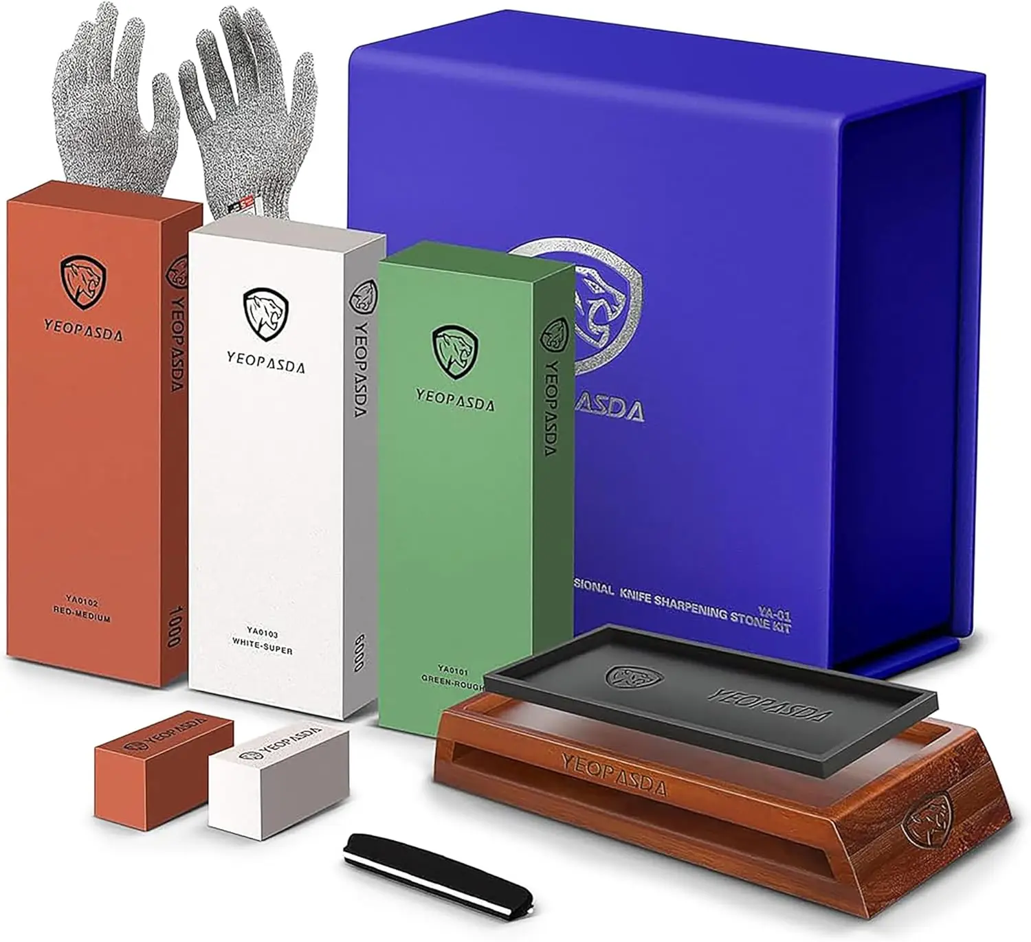 

Professional 3-Grit Whetstone Sharpening Kit with Wood Base, Angle Guide & Gloves for Knives
