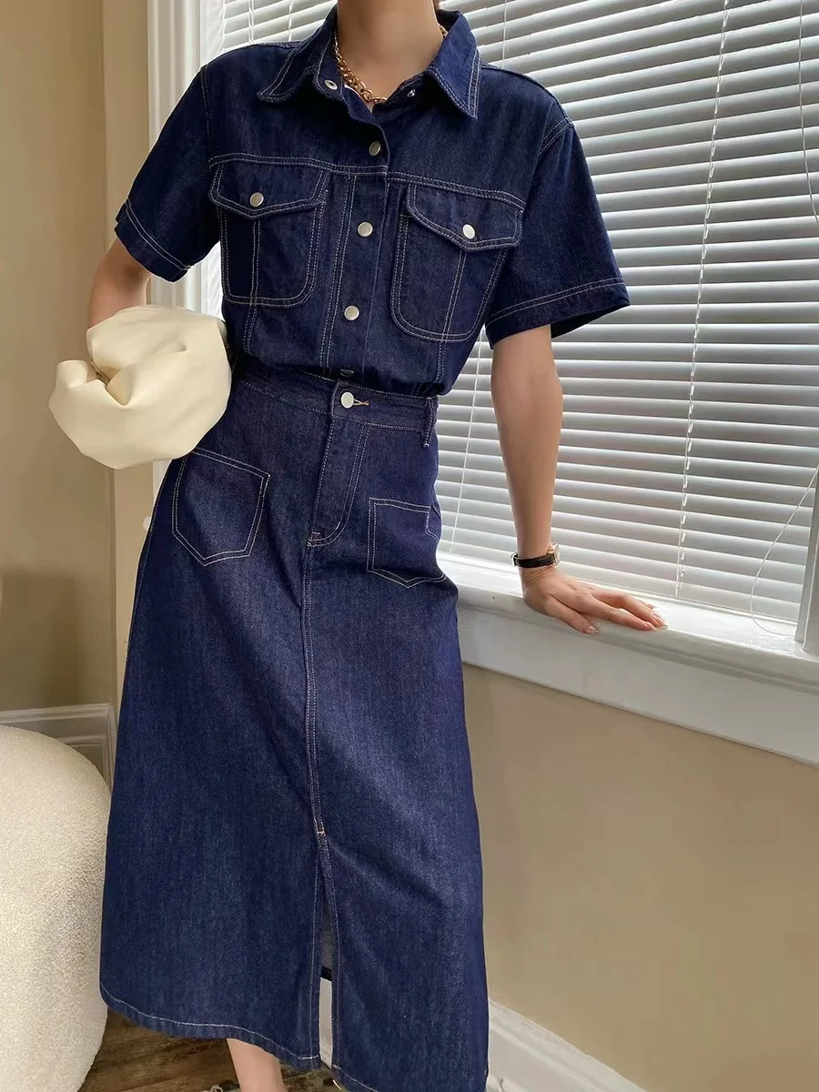 Contrast Color Denim Short Sleeved Shirt Top+Split Long Skirt Two-Piece Set For Summer Fashion Women's Clothing Vintage Outfits