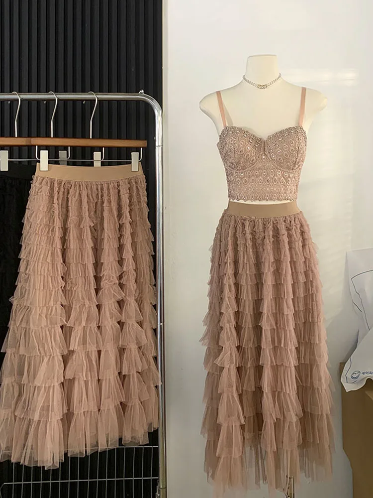 

Formal Occasion Outfits 2 Piece Skirt Set Off Shoulder Luxury Diamonds Camisole + Elastic Waist Sheath Skirts Coquette Banquet