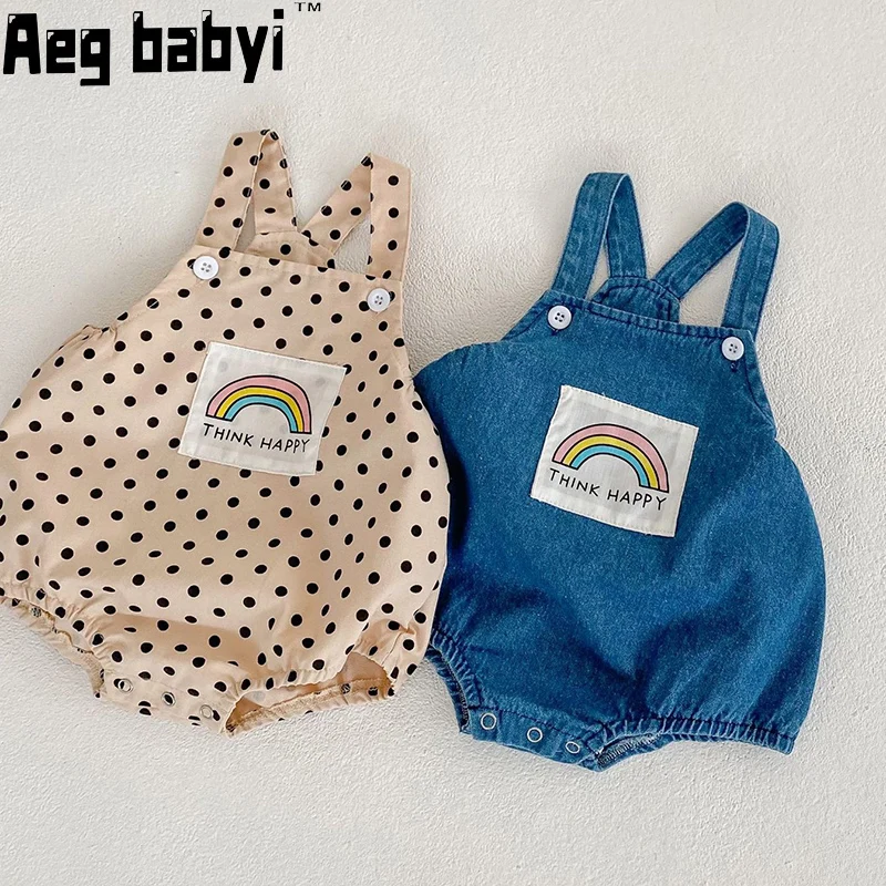 

Spring Summer Newborn Baby Denim Romper Infant Boy Girl Sleeveless Rainbow Print Loose Bodysuit Outfits Fashion Clothes 0-24M