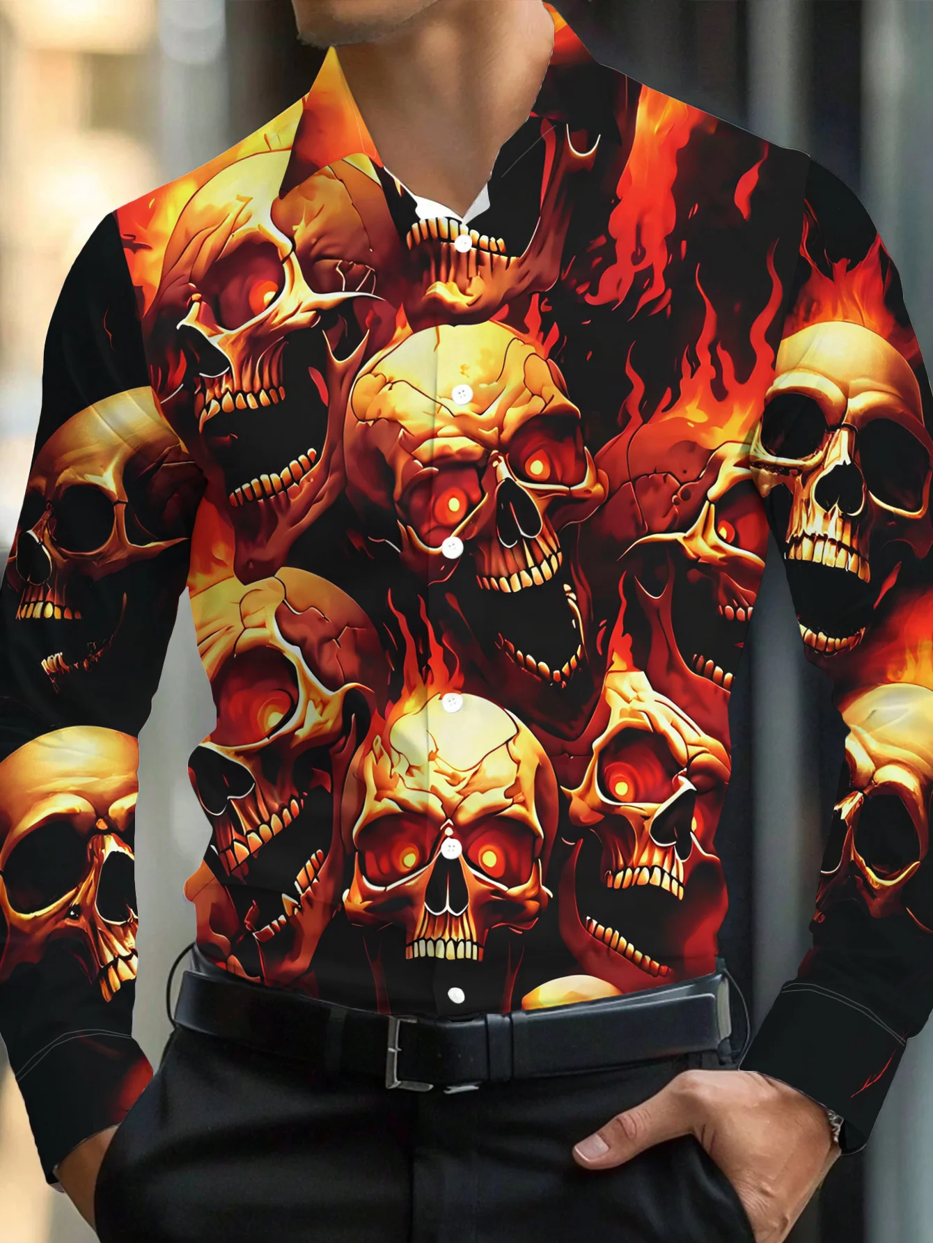 Men Long Sleeve Button Down Shirt Black Orange Fire Skull All‑Over Print Polyester Lapel Collar Halloween Party