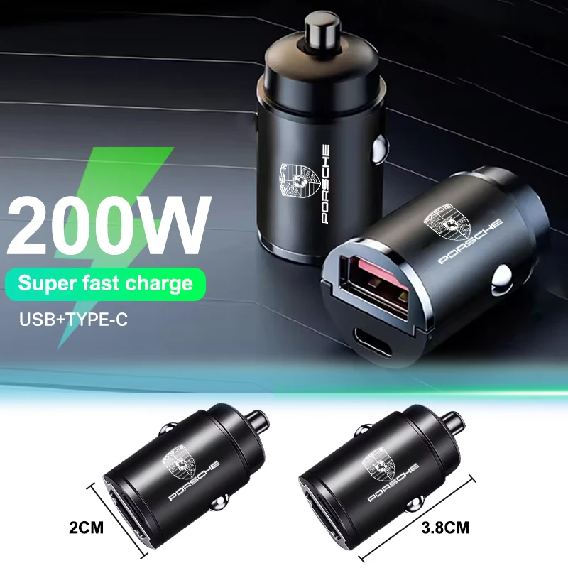 Mini adaptador de cargador de coche de 200W, cargador USB tipo C de carga rápida para Porsche Panamera Macan 718 Taycan 911 Cayman Boxster 9ya